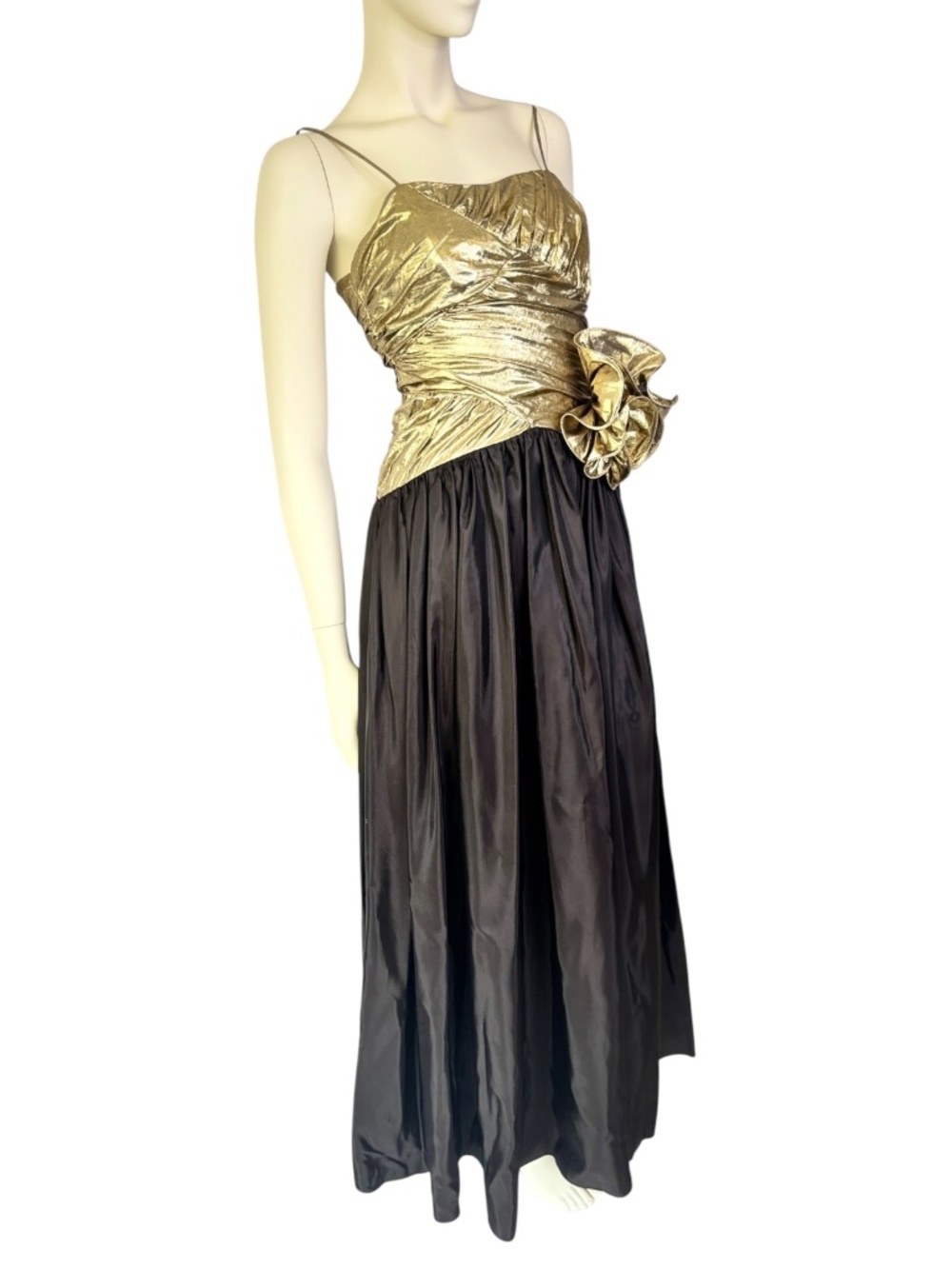 Vintage 80’s Candi Jones Spaghetti Strap Gold Lamé &‎ Black Taffeta Dress